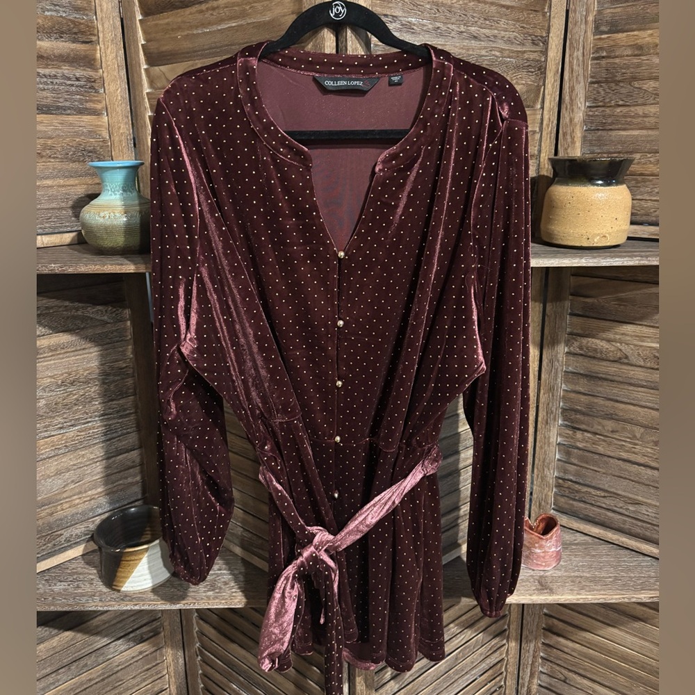 Colleen Lopez Wine Velvet Long-Sleeve Dress with Metallic Dot Accents